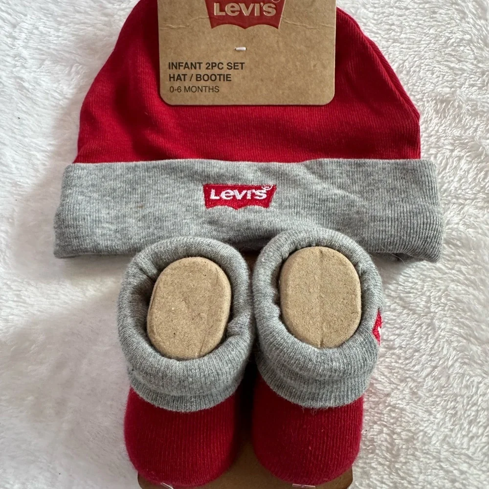 Levi's Red and Gray Infant Hat and Bootie Set